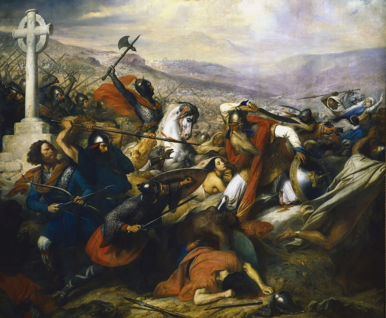 A 19th-century oil painting showing Charles Martel on horseback on the battlefield, surrounded by clashing cavalry