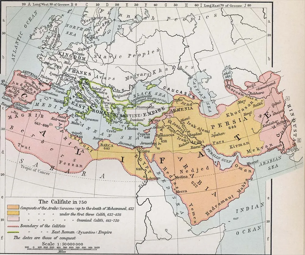 A historical map showing the caliphate at its greatest extent in 750, stretching from Spain to Central Asia