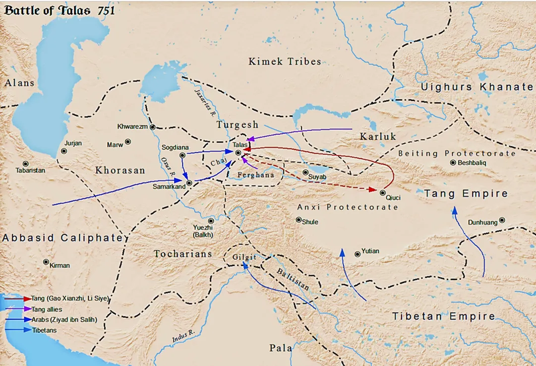 A schematic map of the Battle of Talas; arrows mark the Tang army arriving from the east and the Abbasid-Karluk forces arriving from the west and north, with the Talas River and the surrounding terrain shown topographically