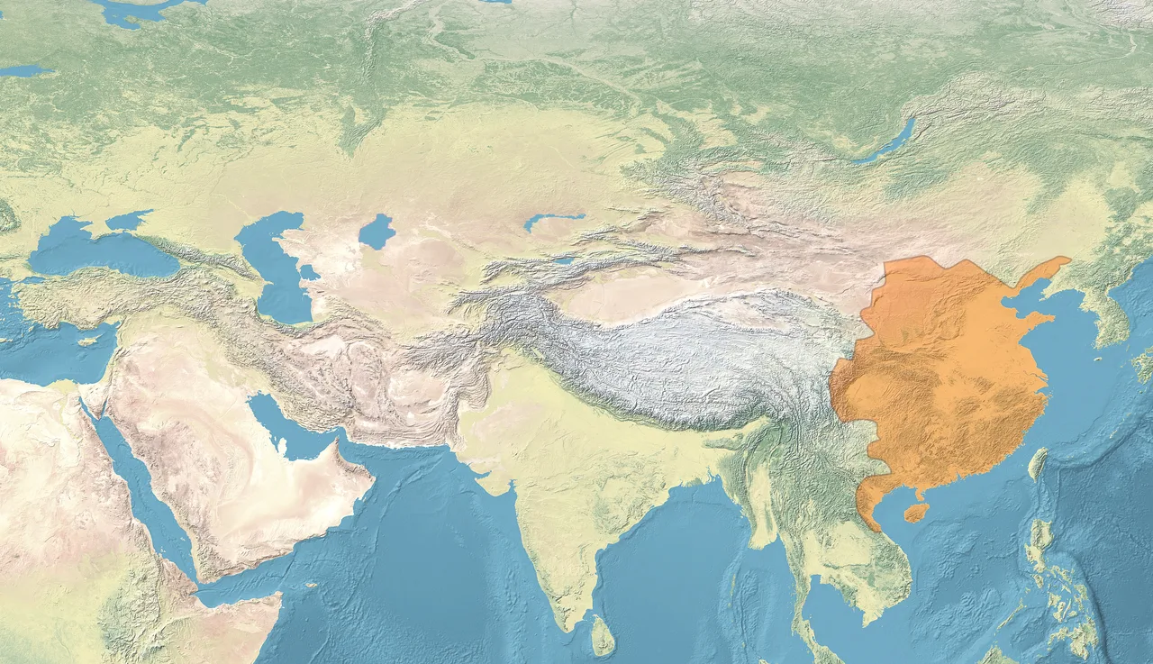 A late-ninth-century map of Tang China; the empire is shaded yellow, with the Tarim Basin and the Pamirs on its western frontier, the Uyghur Khaganate to the north, and the Abbasid border to the west