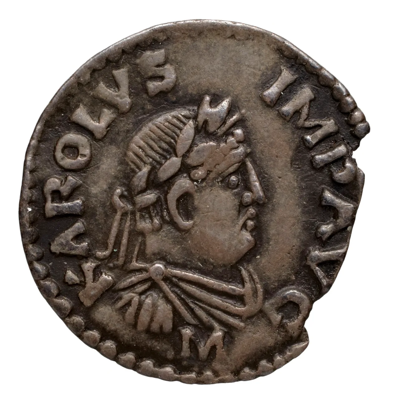 Şarlman'ın taç giymiş portresinin yer aldığı 812-814 Mainz darphanesi gümüş denarius