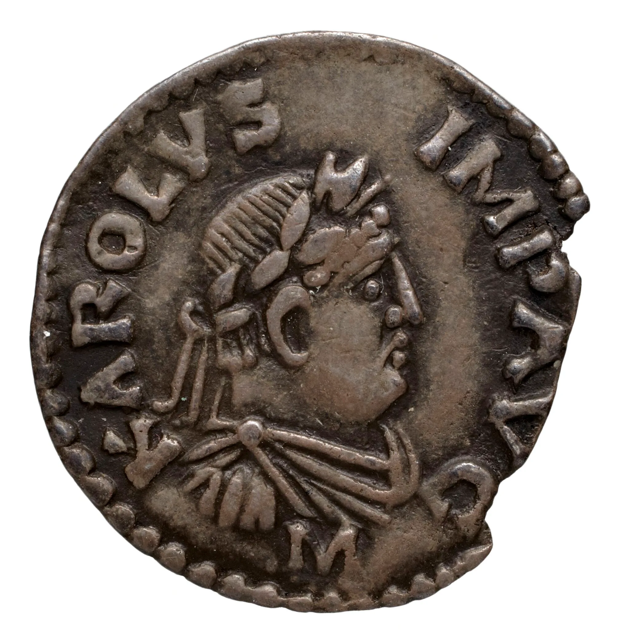 Şarlman'ın taç giymiş portresinin yer aldığı 812-814 Mainz darphanesi gümüş denarius