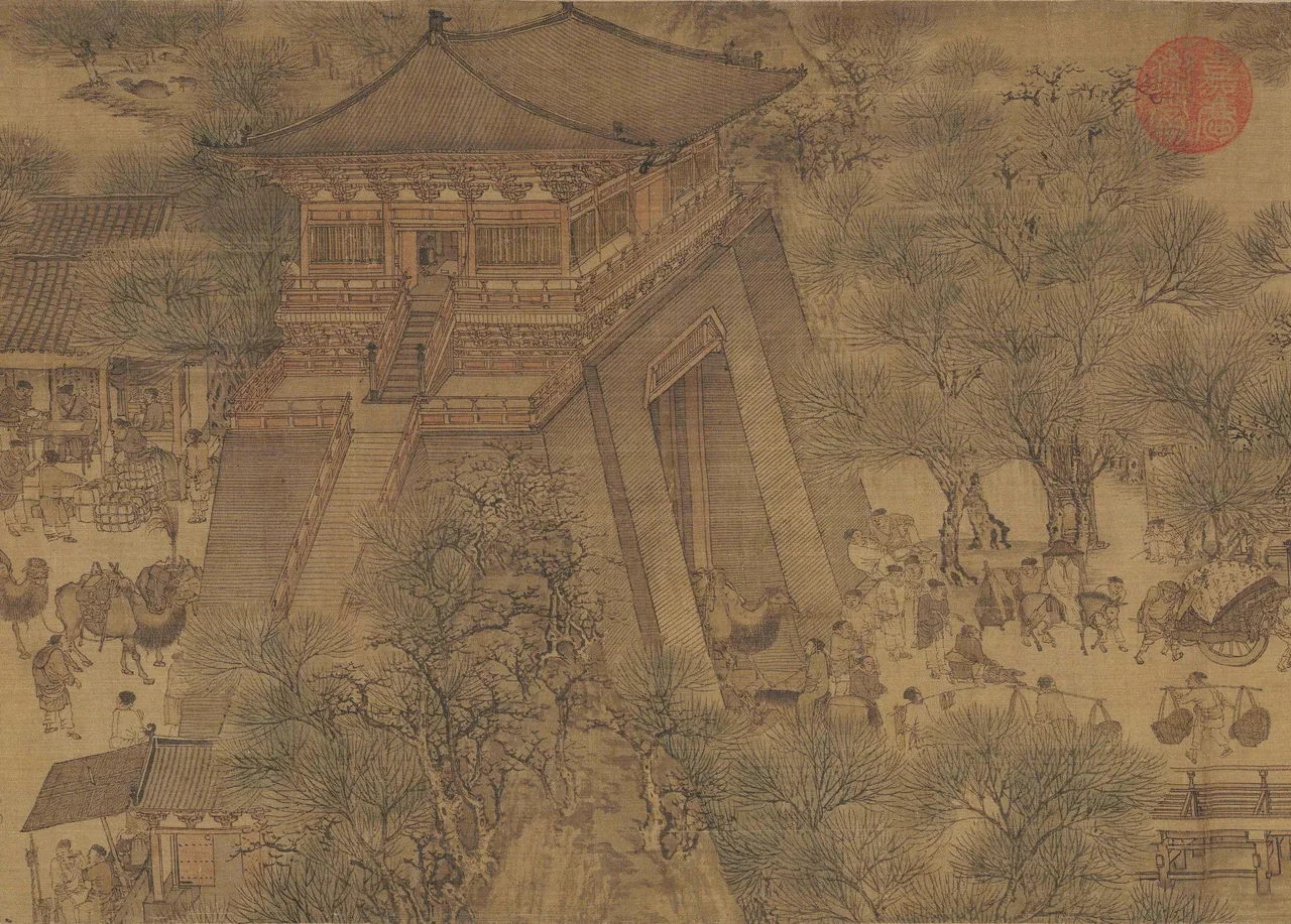 A detail from a long handscroll painting on silk showing the busy gate and streets of the Song capital Kaifeng