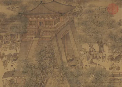 A detail from a long handscroll painting on silk showing the busy gate and streets of the Song capital Kaifeng