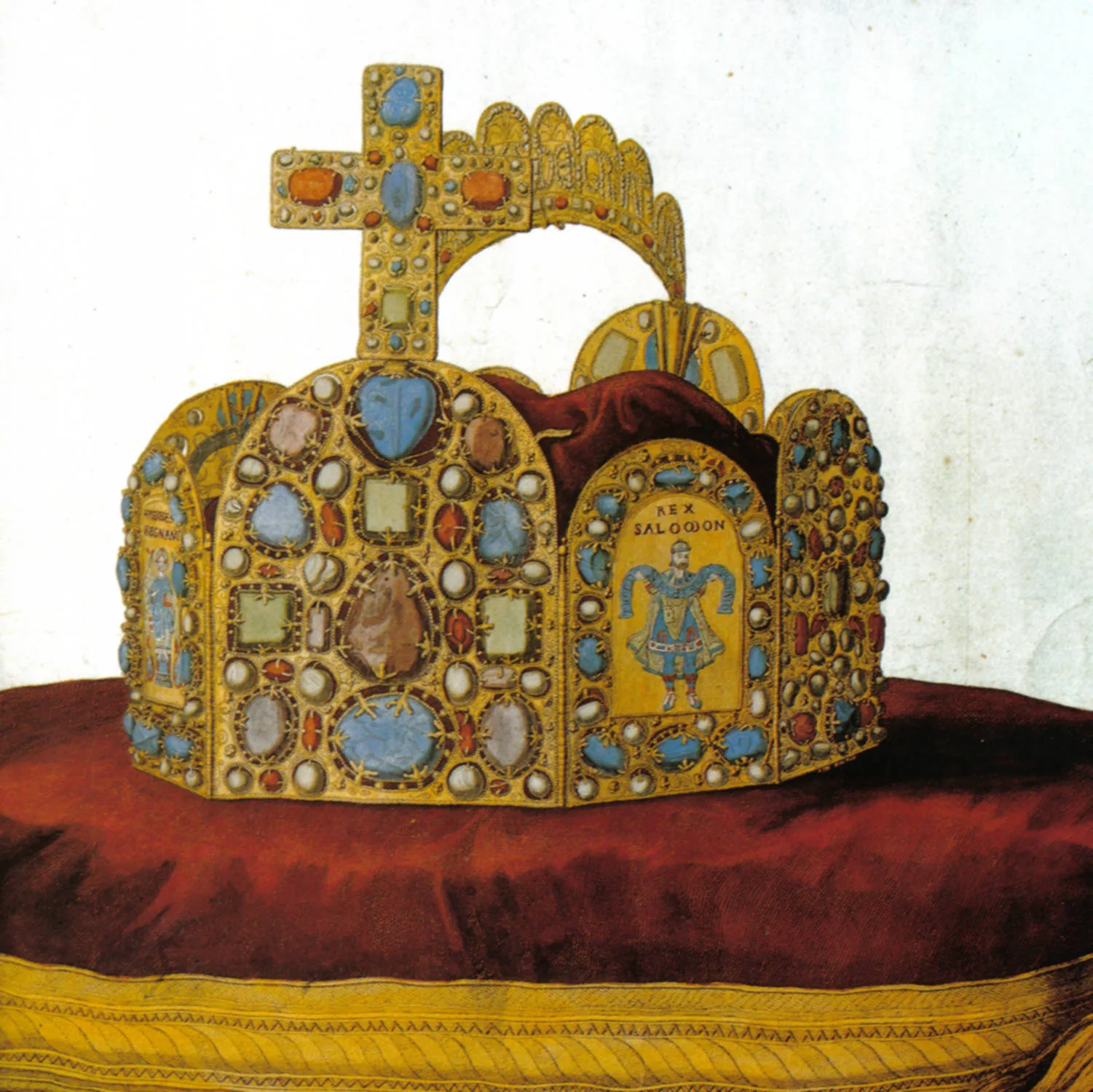 The Reichskrone (Imperial Crown) of the Holy Roman Empire: an octagonal crown of eight gold plates, set with gems and enamels, topped by a single arch and cross