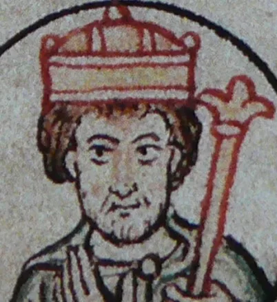 A medieval illumination showing Otto I enthroned, with crown and sceptres