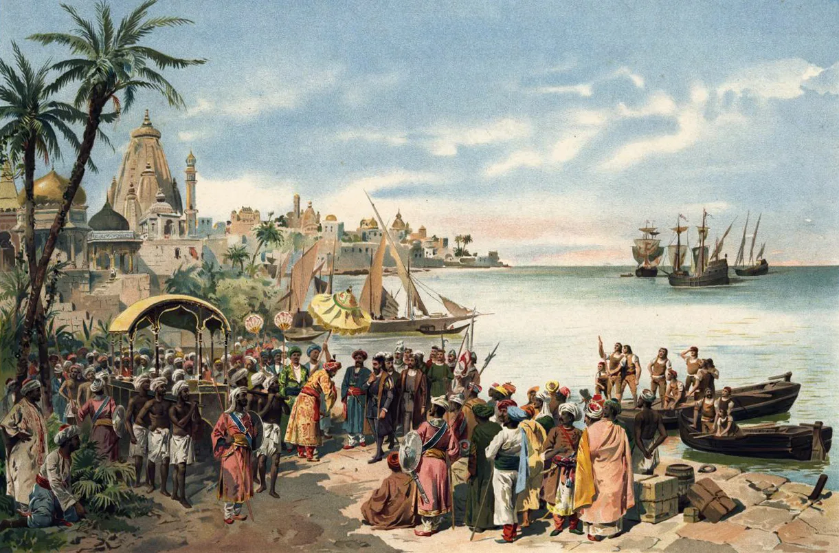 Vasco da Gama'nın 1498'de Calicut'a varışını gösteren akvarel — Roque Gameiro, Quadros da História de Portugal (1917)
