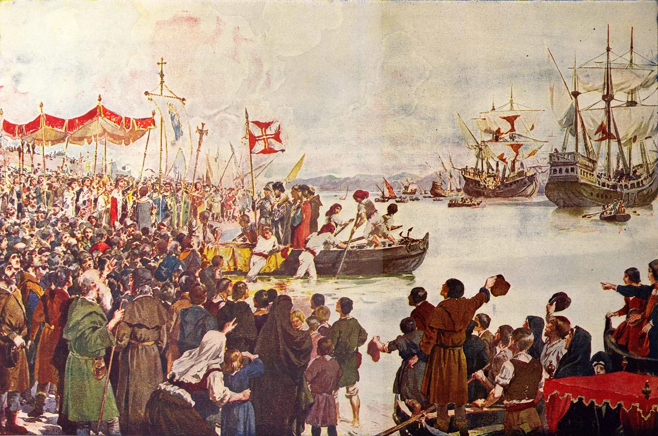 Vasco da Gama'nın Hindistan'a doğru Lizbon'dan ayrılışı — Roque Gameiro, 1917