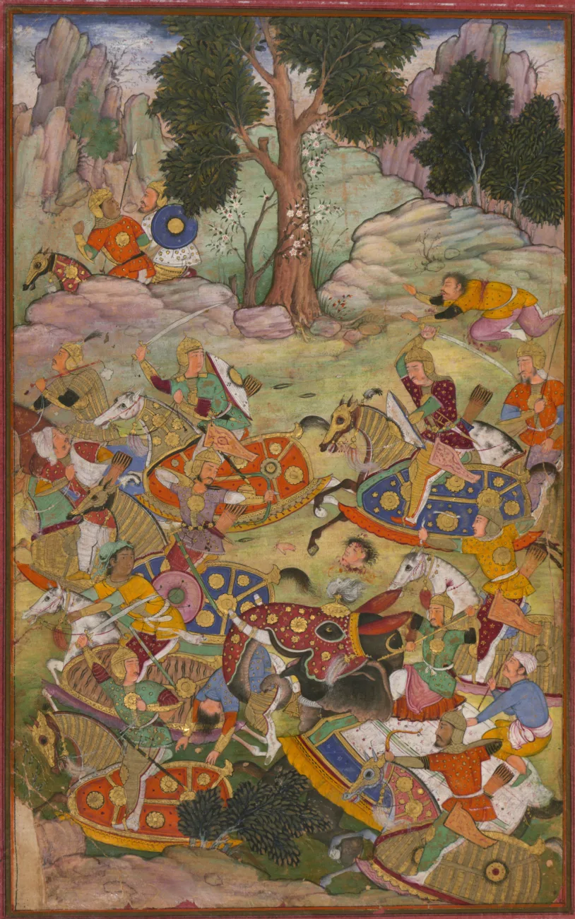 1526 Panipat Muharebesi ve Sultan İbrahim Lodi'nin ölümü — geç 16. yüzyıl resimli Baburnama el yazmasından minyatür