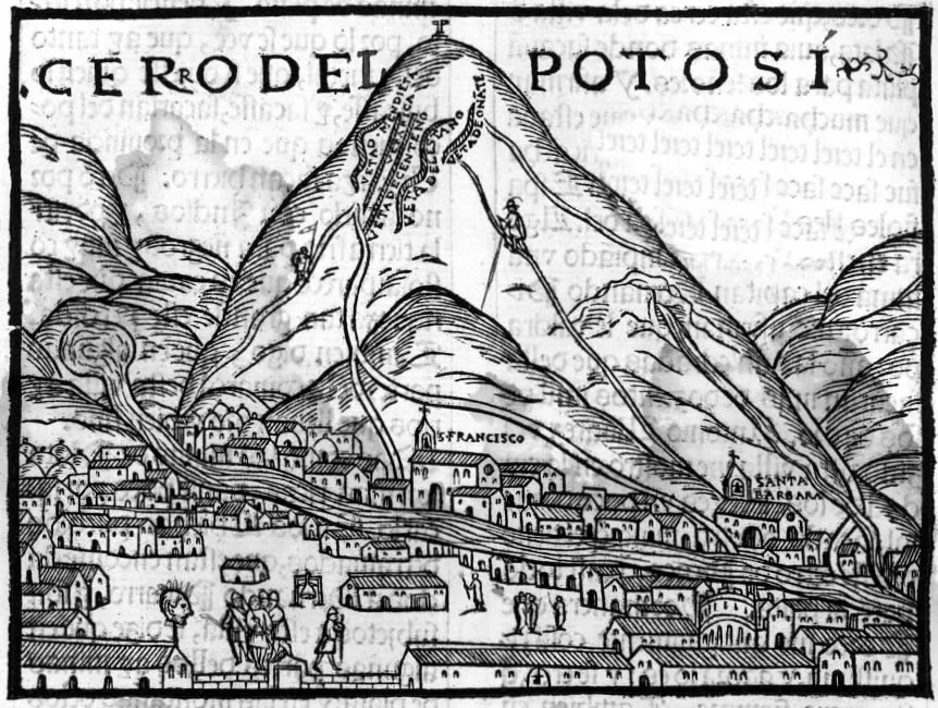 Potosí gümüş şehrinin erken kolonyal çizimi — Pedro Cieza de León'un Crónica del Perú'sundan (1553)