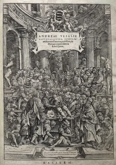 The 1543 frontispiece woodcut of "De humani corporis fabrica": Vesalius standing over an opened female cadaver in a crowded anatomical theatre
