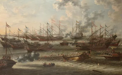 Oil painting of the Battle of Lepanto: hundreds of galleys fighting in close order amid gun smoke