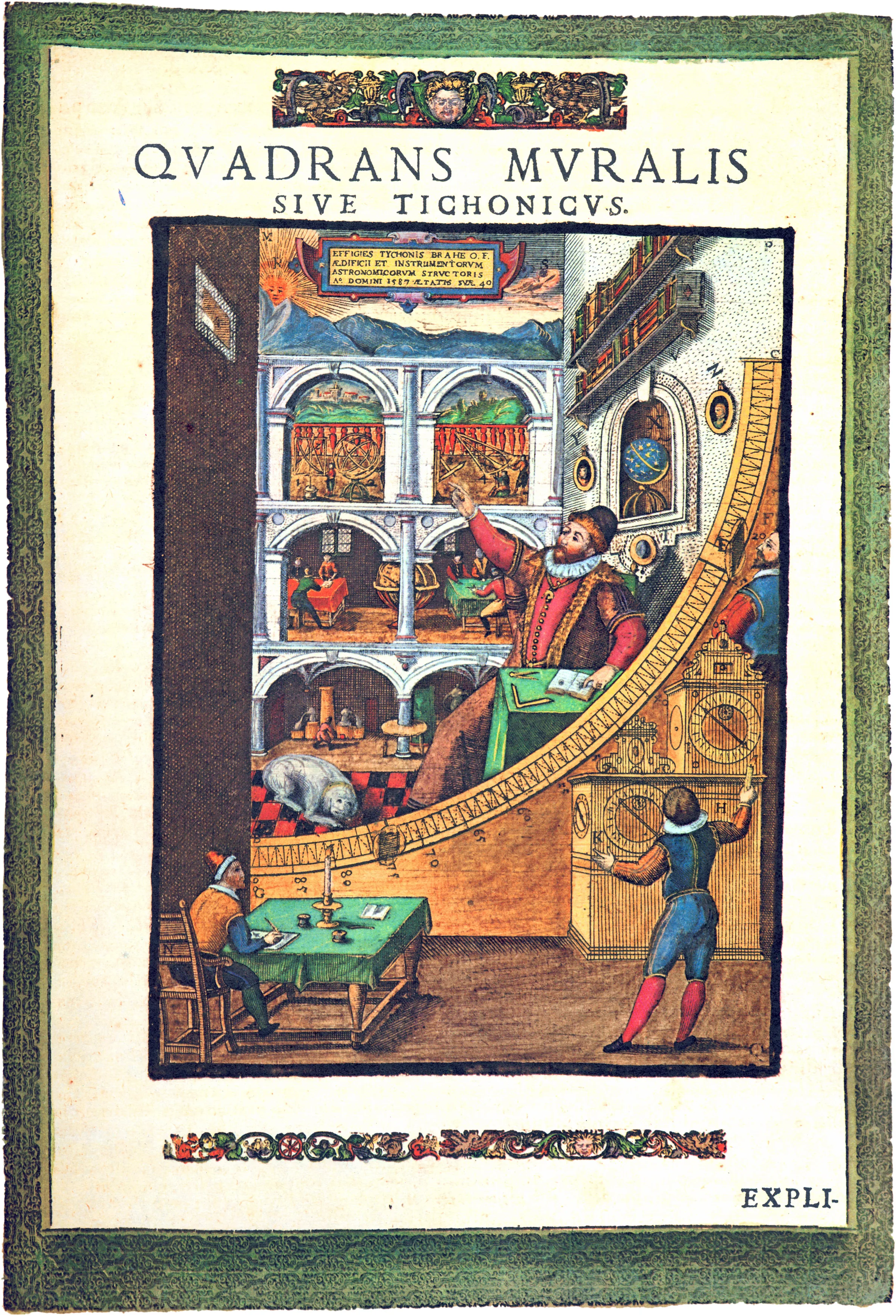 Period engraving of Tycho Brahe's mural quadrant: a giant quarter-circle set into a wall with observers working around it