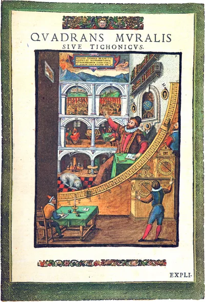 Period engraving of Tycho Brahe's mural quadrant: a giant quarter-circle set into a wall with observers working around it