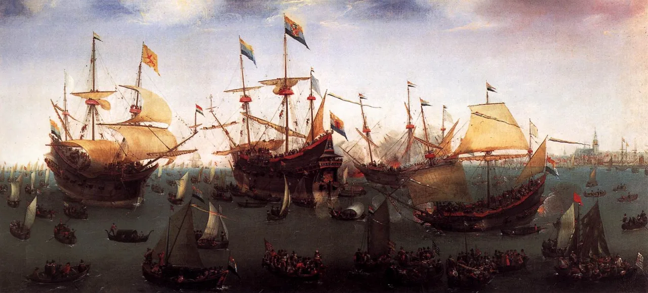Hendrick Cornelisz Vroom's painting of the Return to Amsterdam of the Second Dutch Expedition to the East Indies in 1599 — three-masted ships anchored in the harbour, greeted by smaller boats