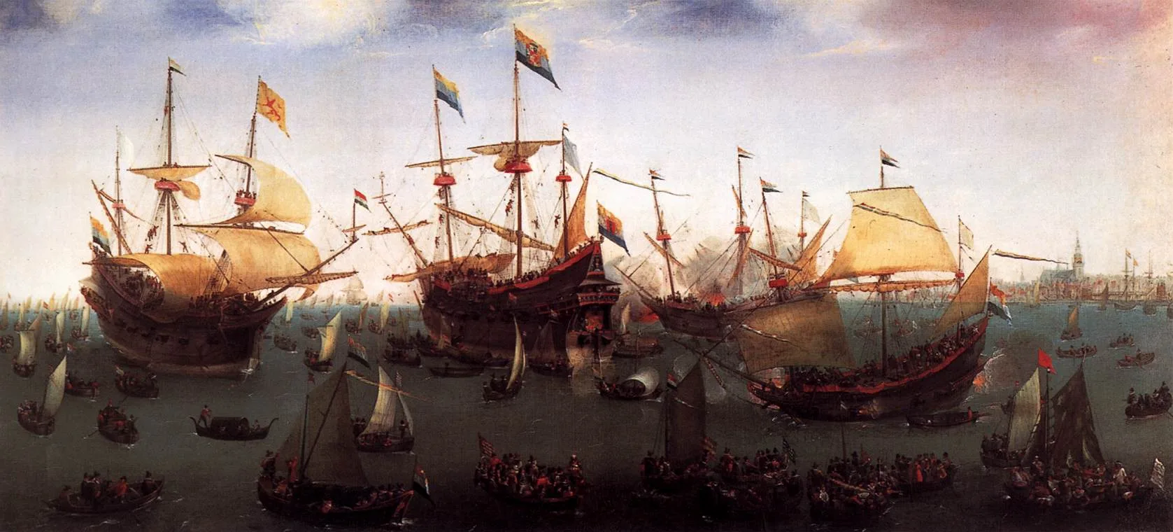 Hendrick Cornelisz Vroom's painting of the Return to Amsterdam of the Second Dutch Expedition to the East Indies in 1599 — three-masted ships anchored in the harbour, greeted by smaller boats