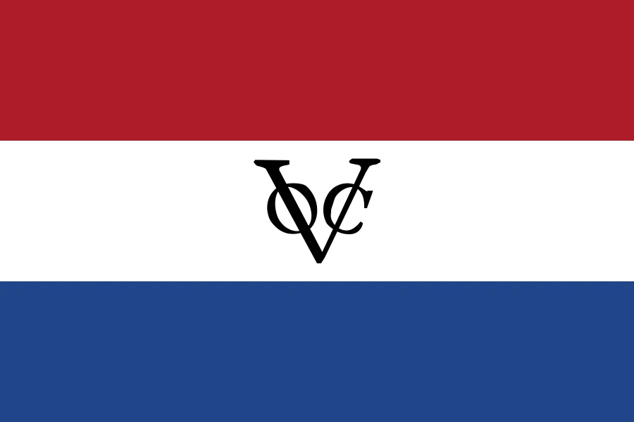 Flag of the VOC: a large 'VOC' monogram on horizontal red-white-blue stripes