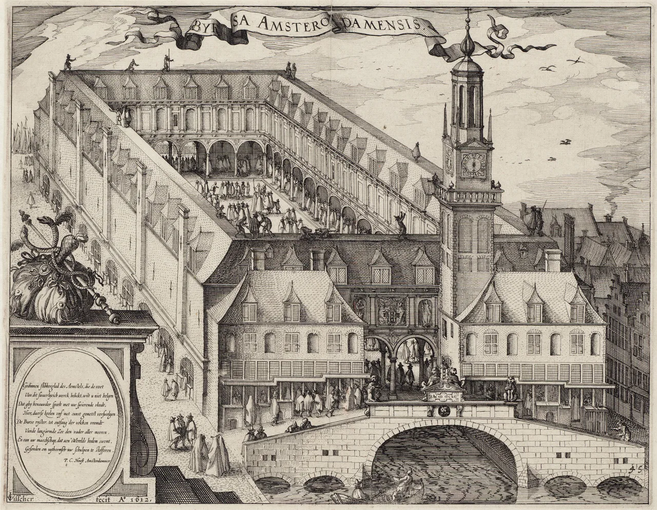 Claes Jansz. Visscher'in 1612 tarihli kuşbakışı gravürü: Hendrick de Keyser'in tasarladığı yeni Amsterdam borsa binası, kanal üzerindeki dikdörtgen iç avlulu yapı