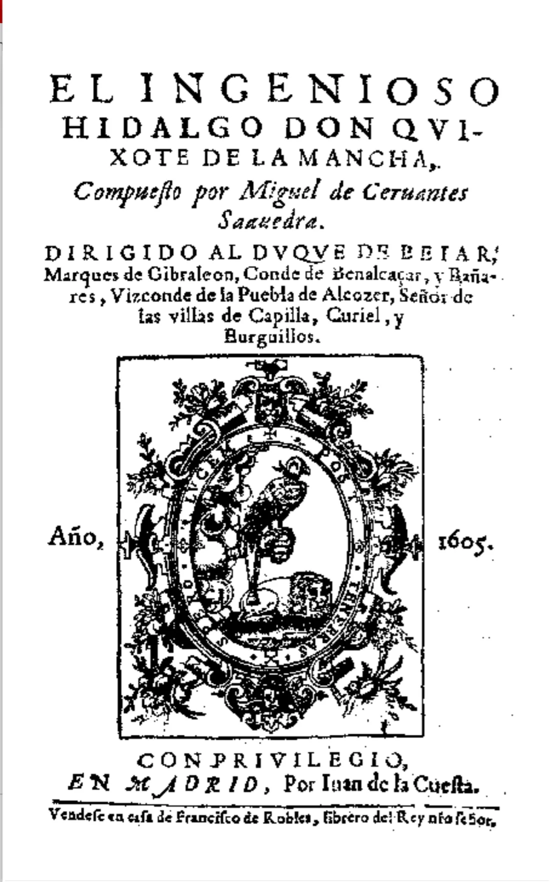 Title page of the 1605 first edition of Don Quixote