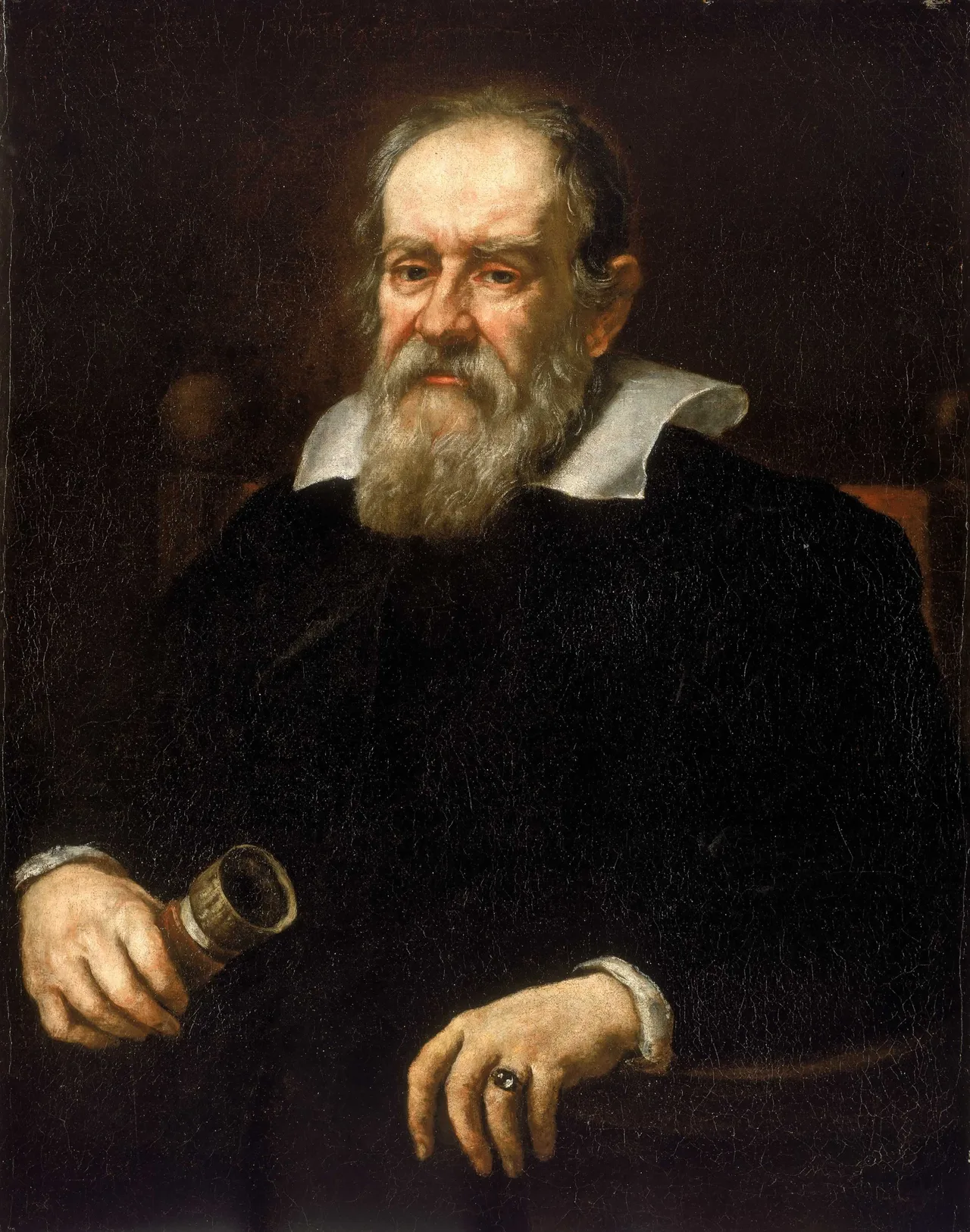 Oil portrait of Galileo Galilei by Justus Sustermans, 1636: the aged scientist in dark robes, a book in his hand.