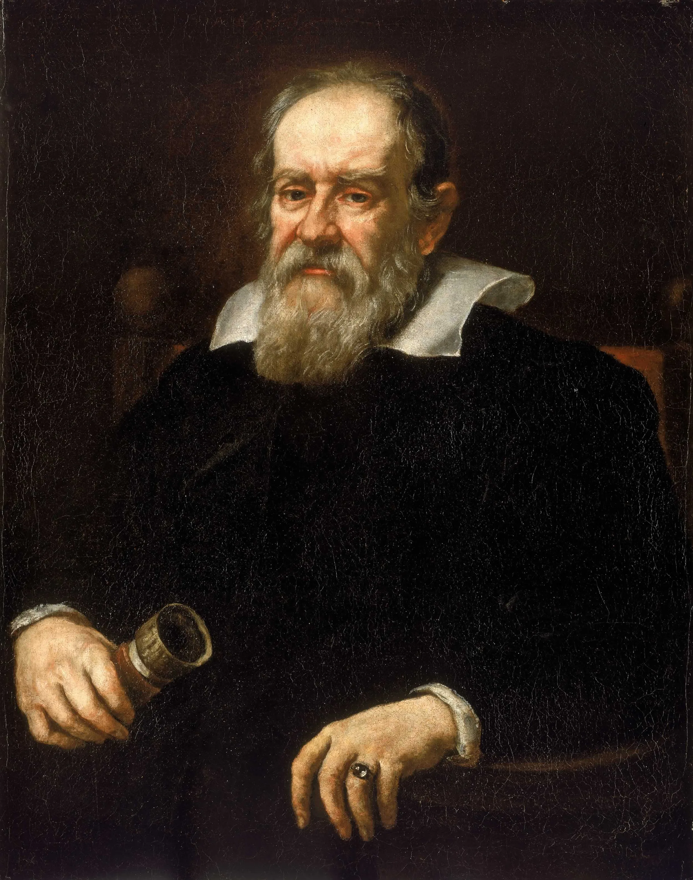 Justus Sustermans'ın 1636 tarihli yağlıboya Galileo Galilei portresi: yaşlı bilim insanı koyu giysiler içinde, elinde bir kitapla.