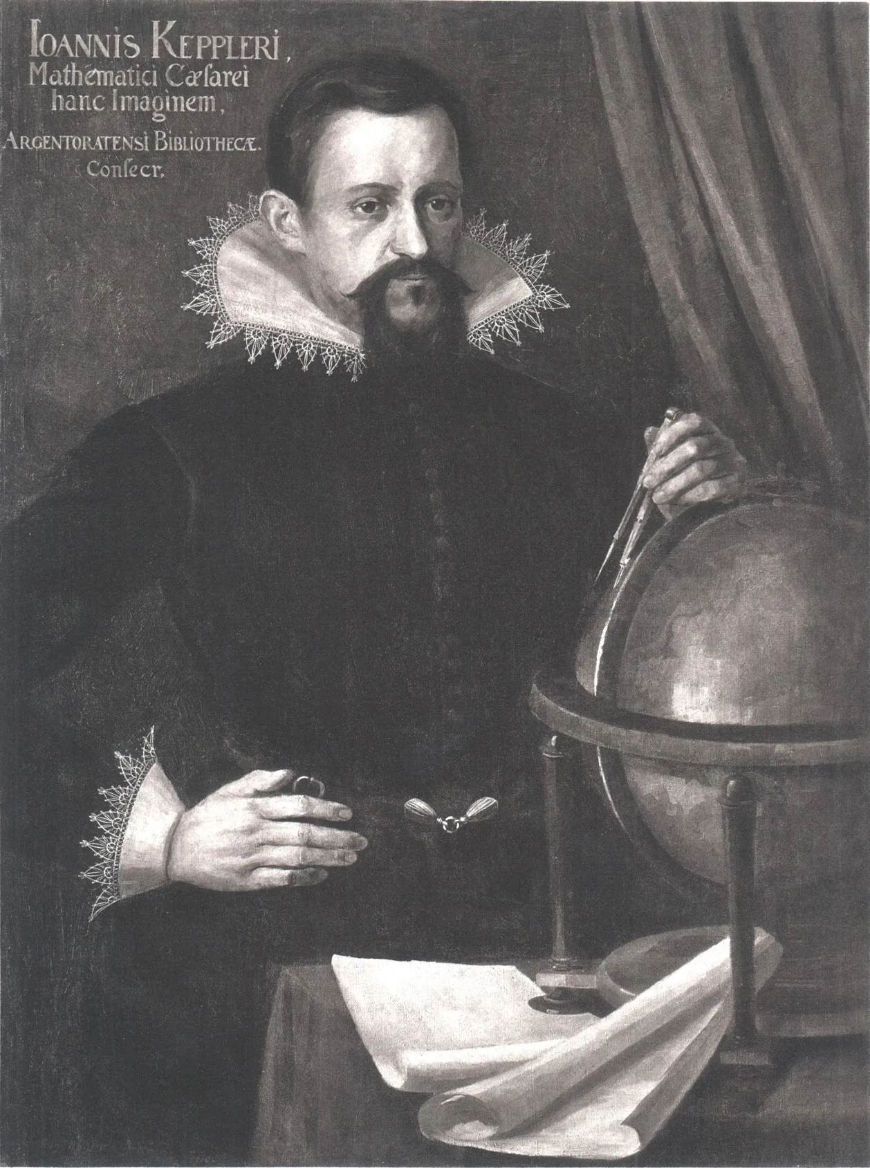 A 17th-century portrait of Johannes Kepler in dark robes with a stiff white collar, holding a book.