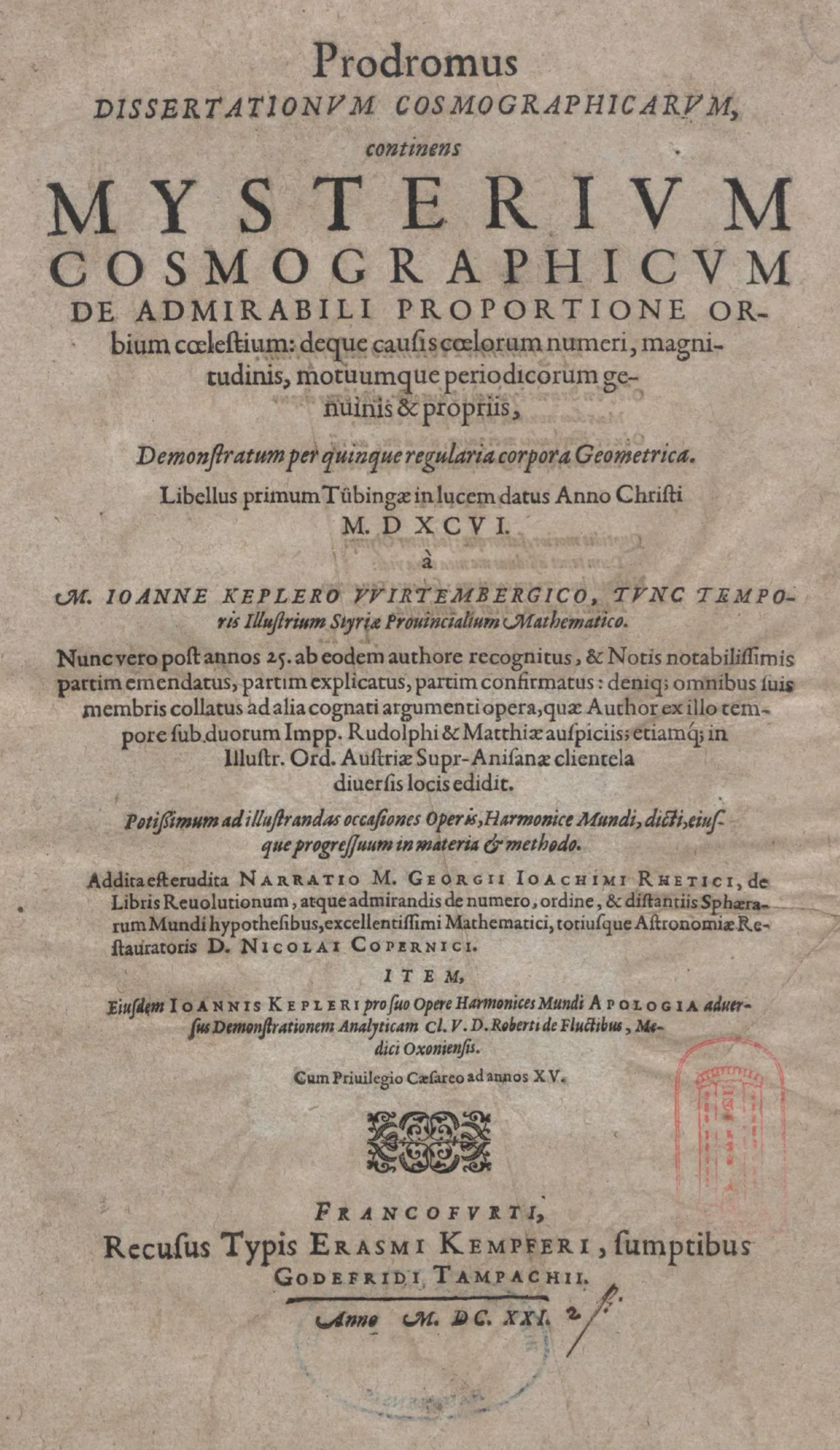 Latin title page of the 1596 Tübingen edition of Mysterium Cosmographicum, set in the typography of the period.