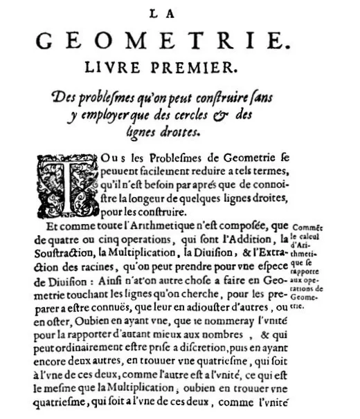 La Géométrie'nin 1637 baskısından ilk sayfa; üst başlıkta 'LA GEOMETRIE' ve eğri çizimleri ile cebirsel ifadeler.