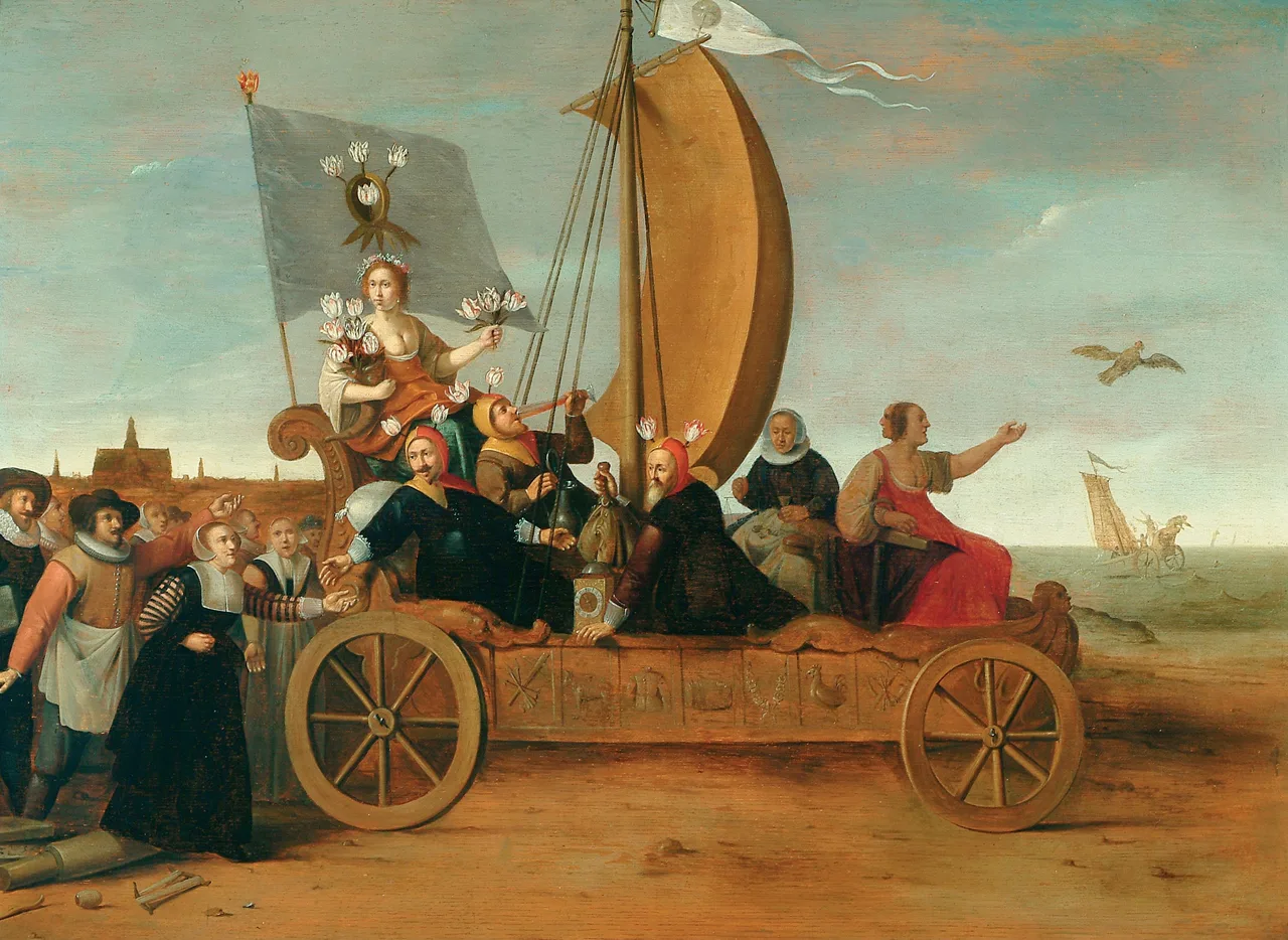 Hendrik Gerritsz Pot'un 'Flora'nın Aptallar Arabası' (1637) tablosu: Tanrıça Flora ve şarap içen, lalelerle savrulan kalabalık bir grupla yelkenli bir araba, arkadan onları takip eden tüccarlar denizde uzaklaşıyor