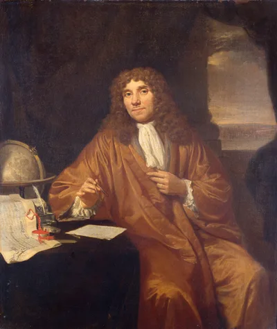 Jan Verkolje's portrait of Antonie van Leeuwenhoek: a seventeenth-century Dutch scholar in dark clothing holding a document
