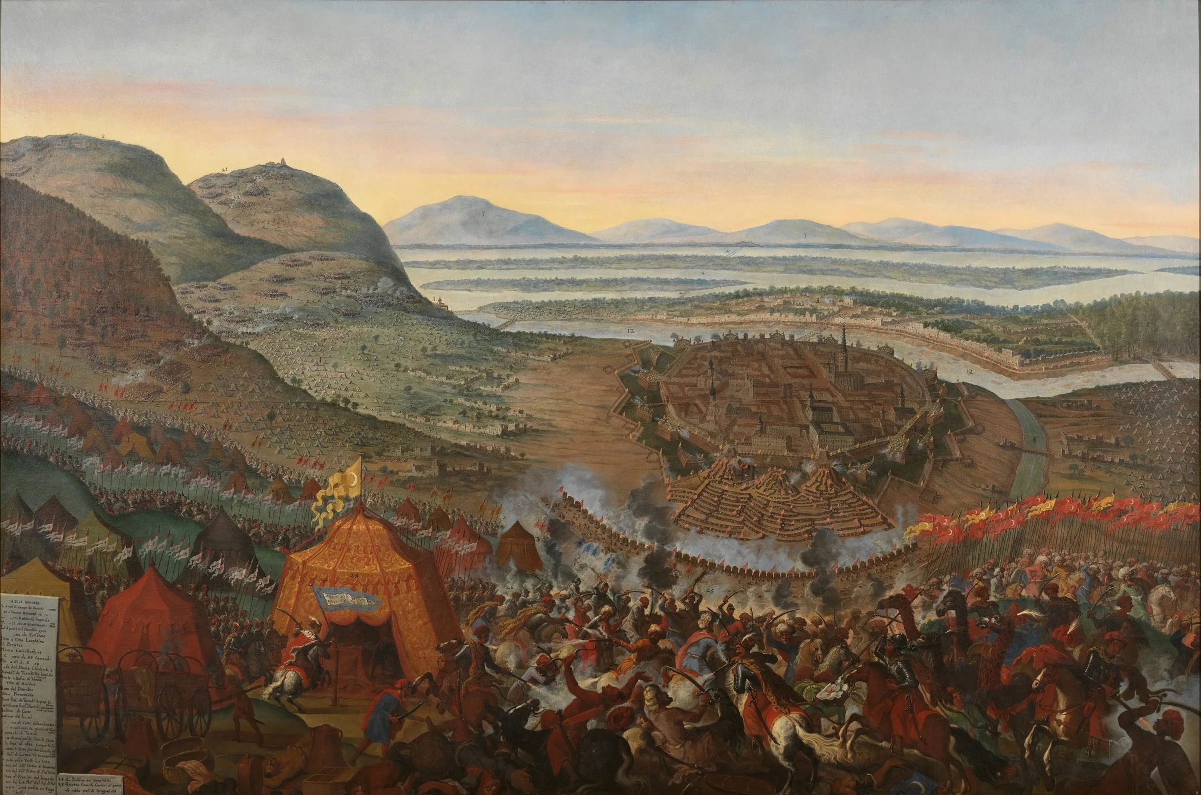 1683 Viyana kuşatmasını kuş bakışı gösteren dönem tablosu: şehir, surlar, çadırlarla dolu ova ve tepelerden inen ordular