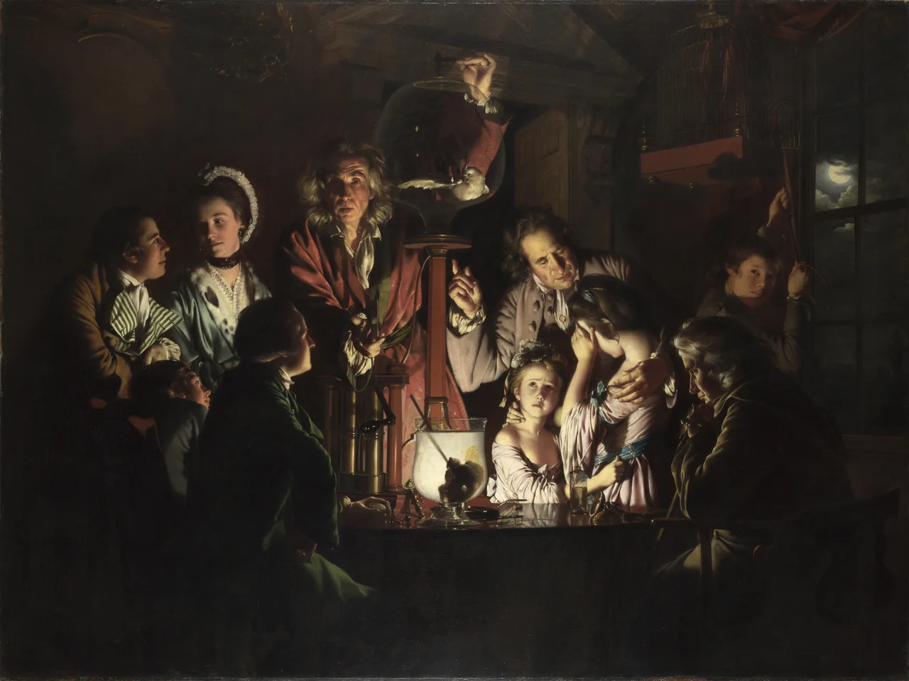 Joseph Wright of Derby's An Experiment on a Bird in the Air Pump: a family and children gathered around a table in a dark room; a long-haired natural philosopher at the centre evacuates the air from a glass globe holding a bird while a child covers her eyes; a single candle on the table lights the whole scene