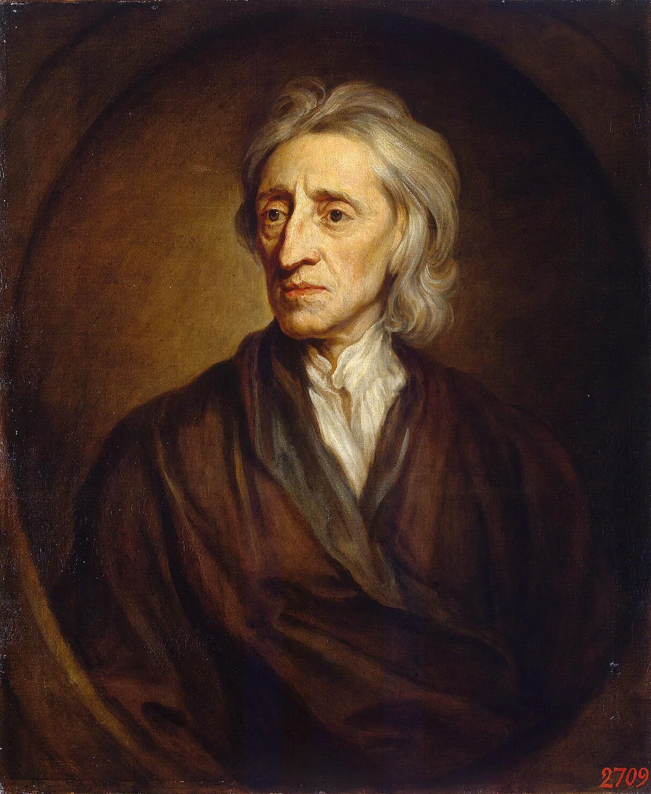 Godfrey Kneller'in John Locke portresi (Hermitage Müzesi) — 17. yüzyıl sonu sakin, ölçülü yüz, koyu zemin