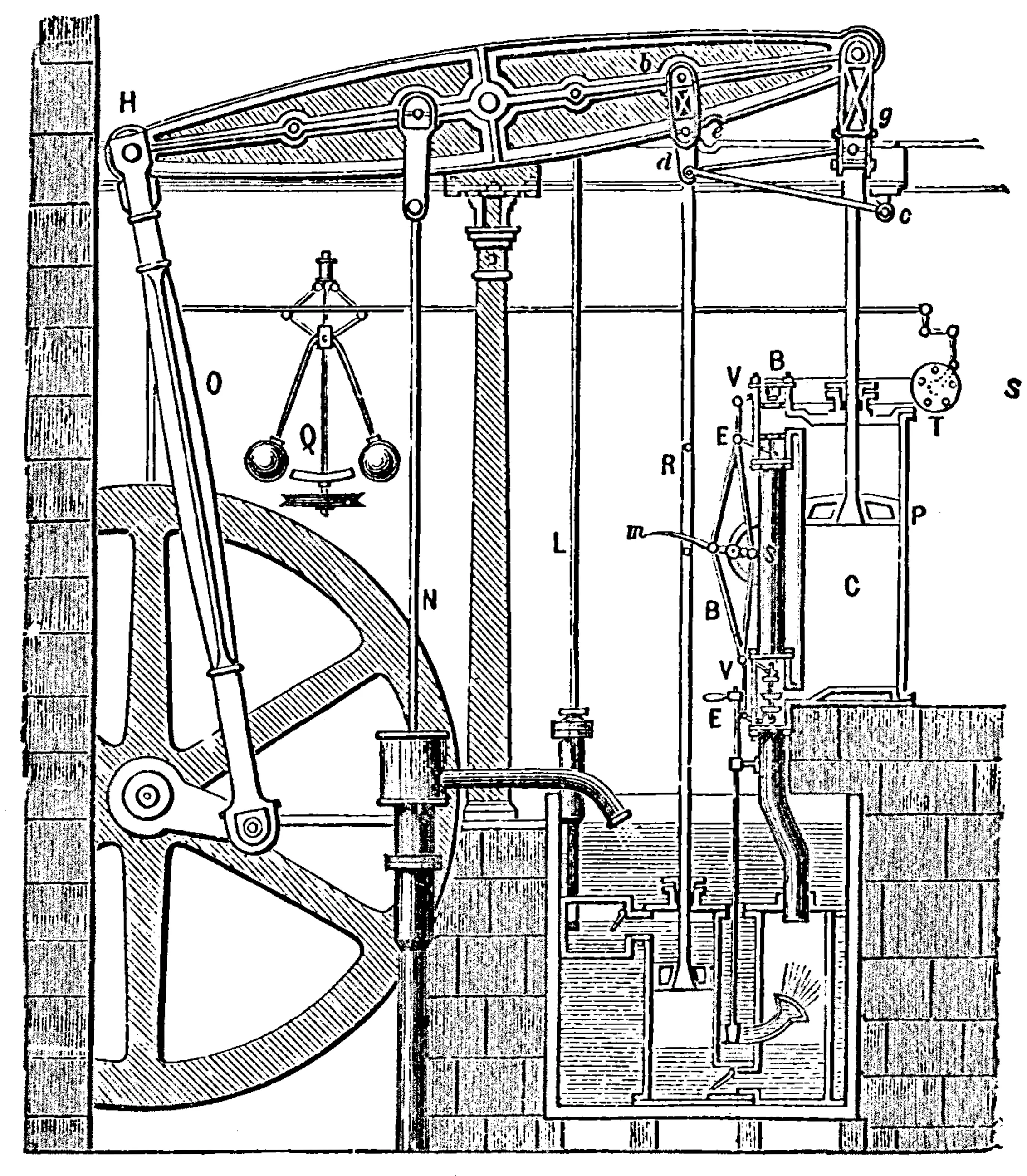 1784 tarihli Boulton & Watt buhar makinesinin teknik kesit çizimi: silindir, ayrı yoğunlaştırıcı, denge kolu ve volan