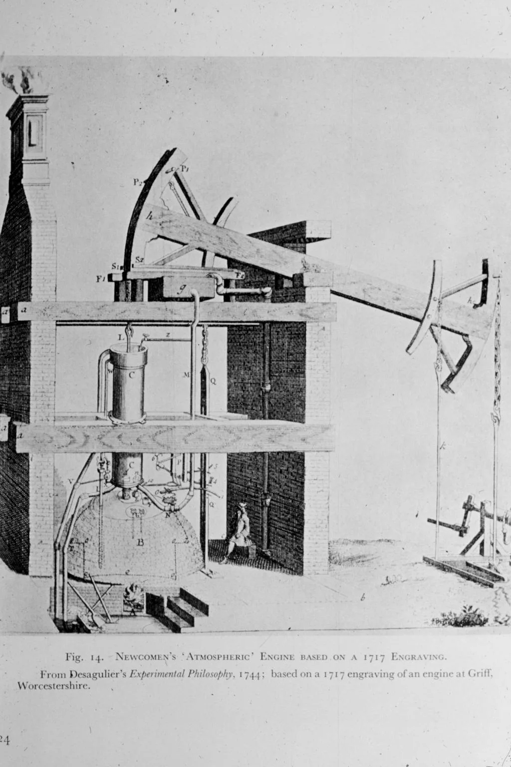 Newcomen'in atmosferik buhar makinesinin 1717 Henry Beighton gravürüne dayanan illüstrasyonu