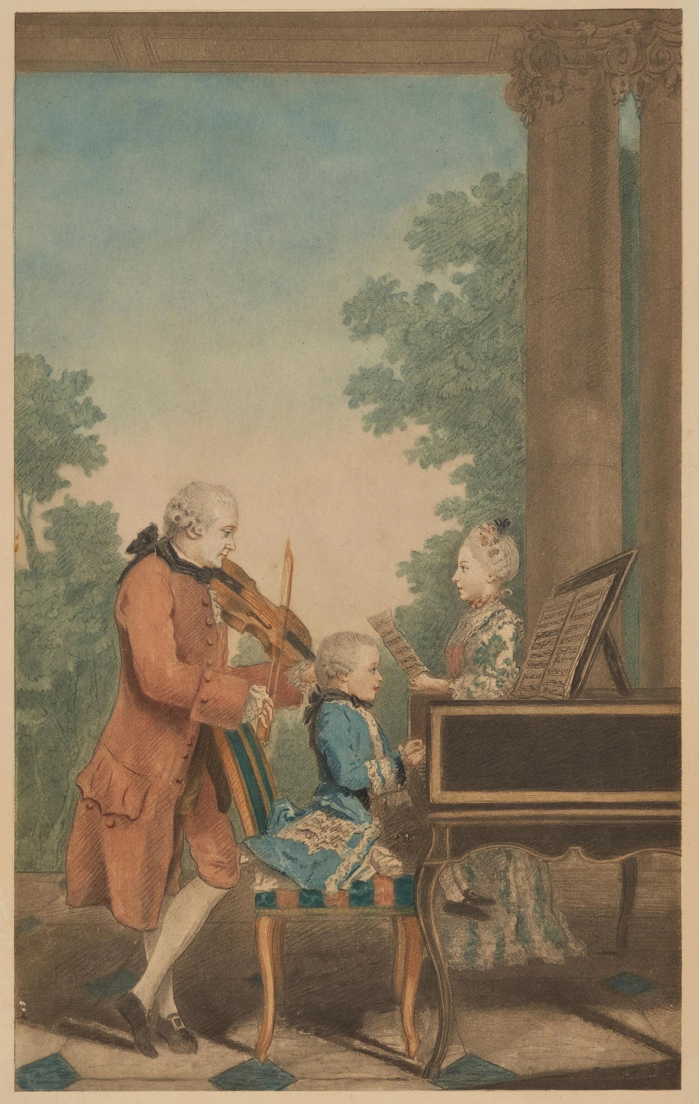 Engraving after Carmontelle: the child Wolfgang Mozart plays the harpsichord while his father Leopold accompanies on violin and his sister Nannerl sings from a score; behind, a heavily curtained interior