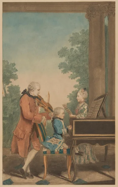 Engraving after Carmontelle: the child Wolfgang Mozart plays the harpsichord while his father Leopold accompanies on violin and his sister Nannerl sings from a score; behind, a heavily curtained interior