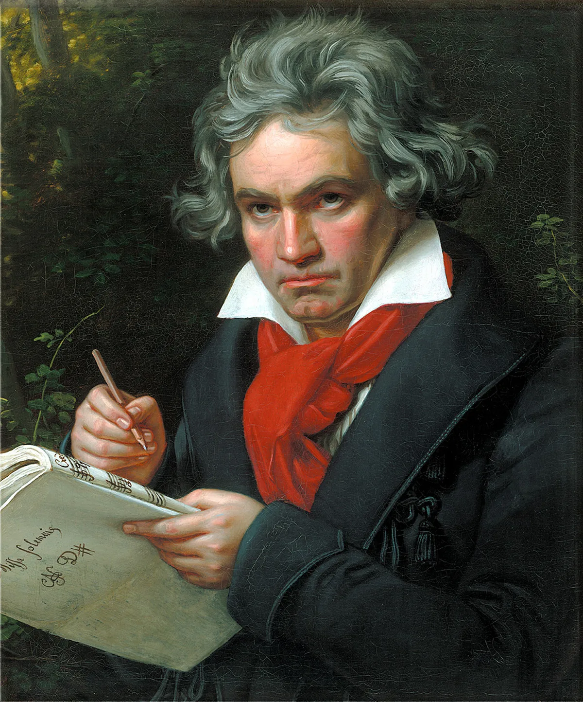 Joseph Karl Stieler's portrait of Beethoven: the composer holds a manuscript, hair tousled, dark coat against a dark background