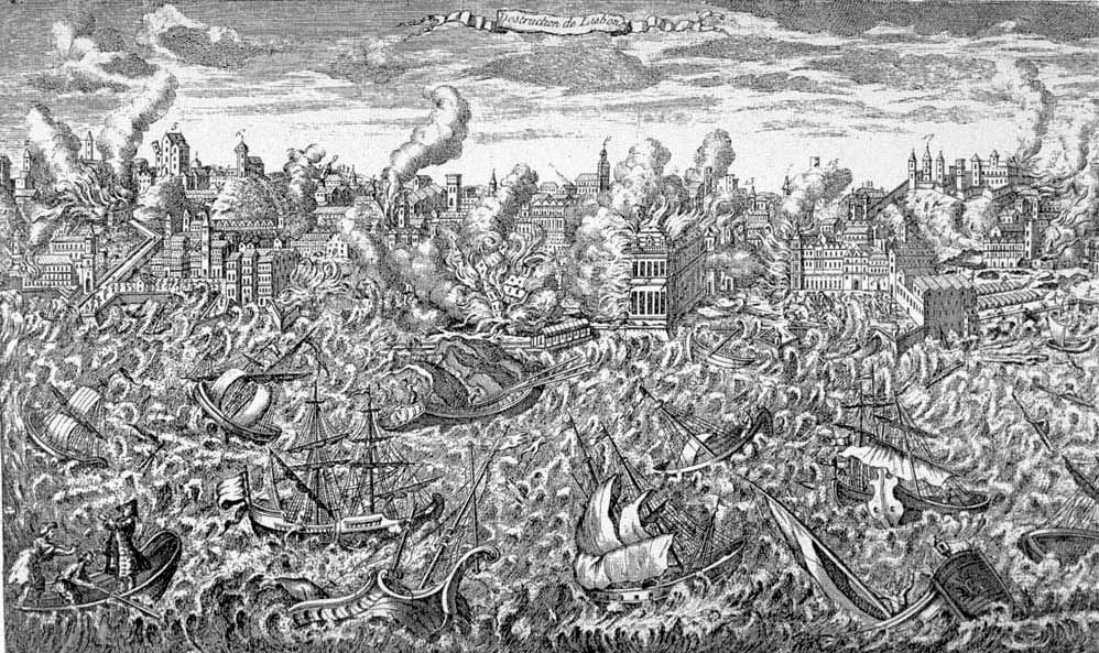 A contemporary engraving of the 1755 earthquake: collapsing buildings, flames, and ships foundering in the harbour