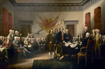 John Trumbull's 1818 painting: the five-man drafting committee presenting the draft to Continental Congress president John Hancock — now in the U.S. Capitol Rotunda