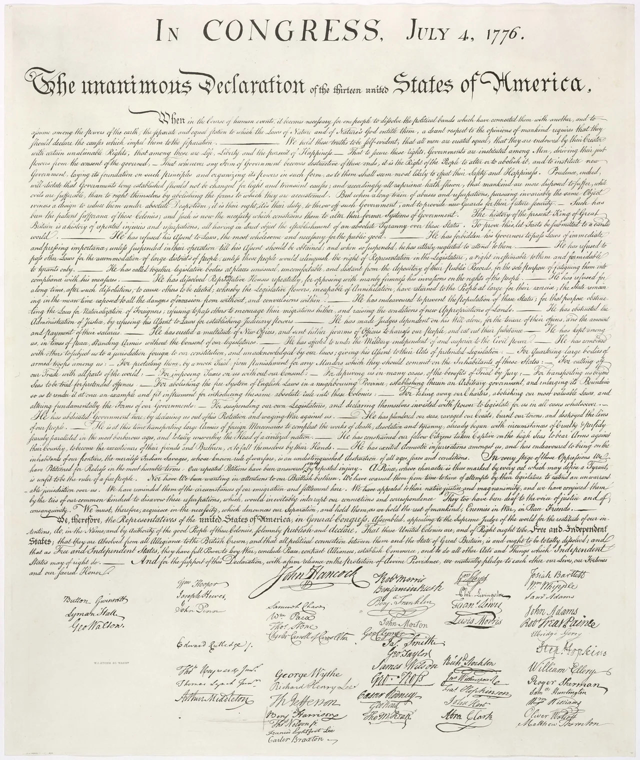 Bağımsızlık Bildirgesi'nin parşömen üzerine yazılmış orijinal nüshasının yüksek çözünürlüklü taraması — başında 'IN CONGRESS, July 4, 1776' başlığı, altında 56 imza