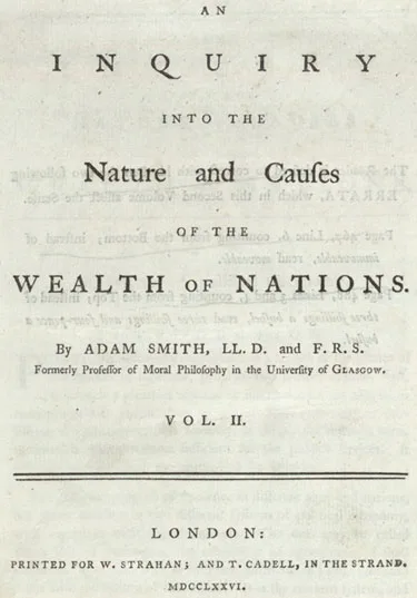 Title page of the 1776 first edition of The Wealth of Nations — long classical title, published by Strahan and Cadell