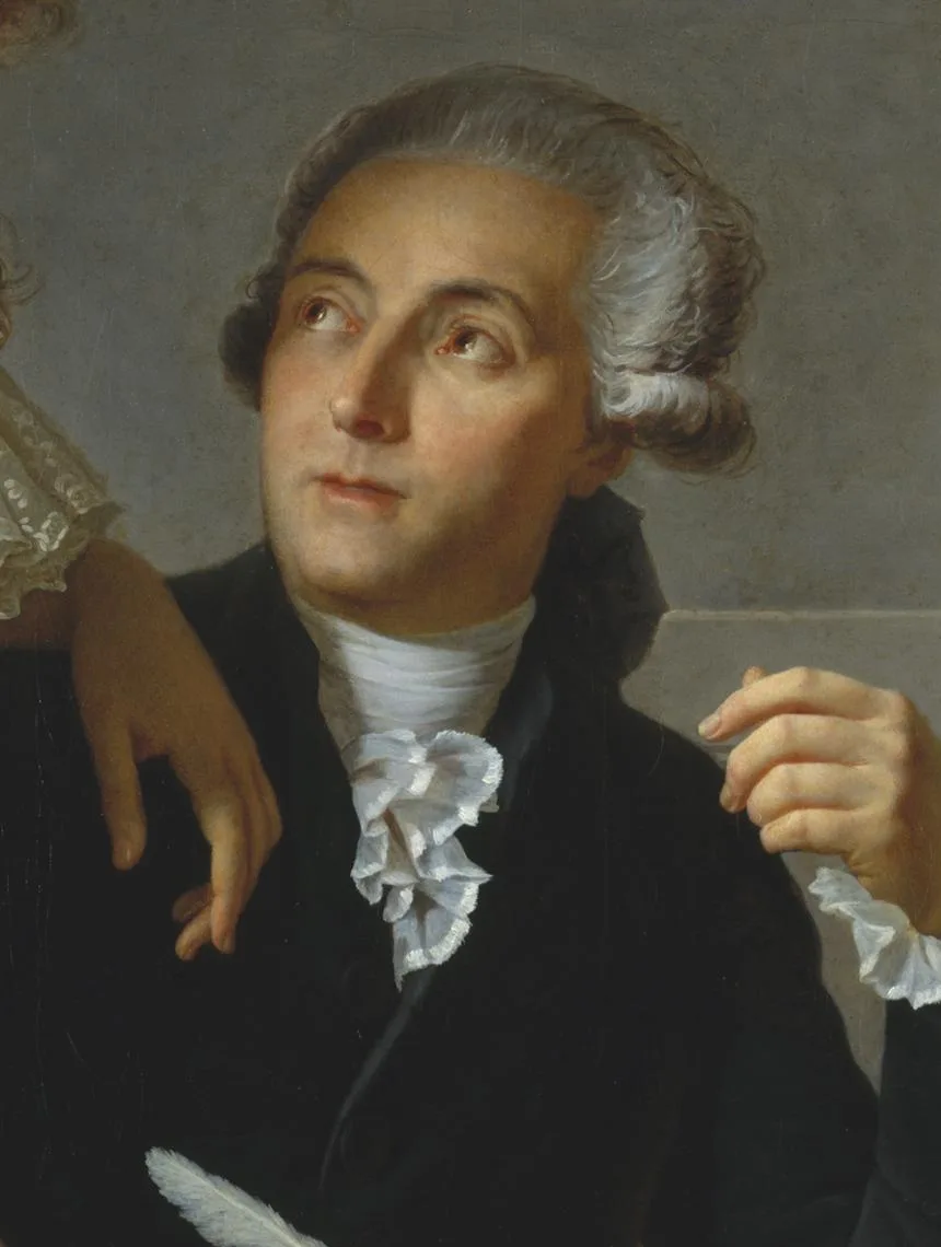Jacques-Louis David'in Lavoisier portresi: masasında tüy kalemle yazarken, önünde cam kimya aletleri
