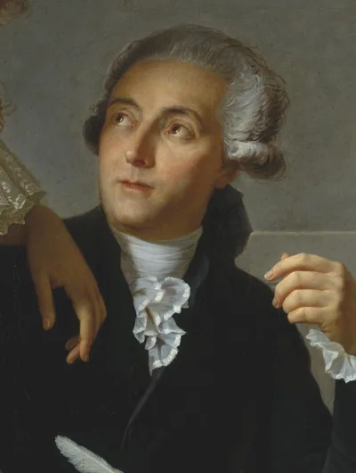 Jacques-Louis David's portrait of Lavoisier: writing with a quill at his desk, glass chemical instruments before him