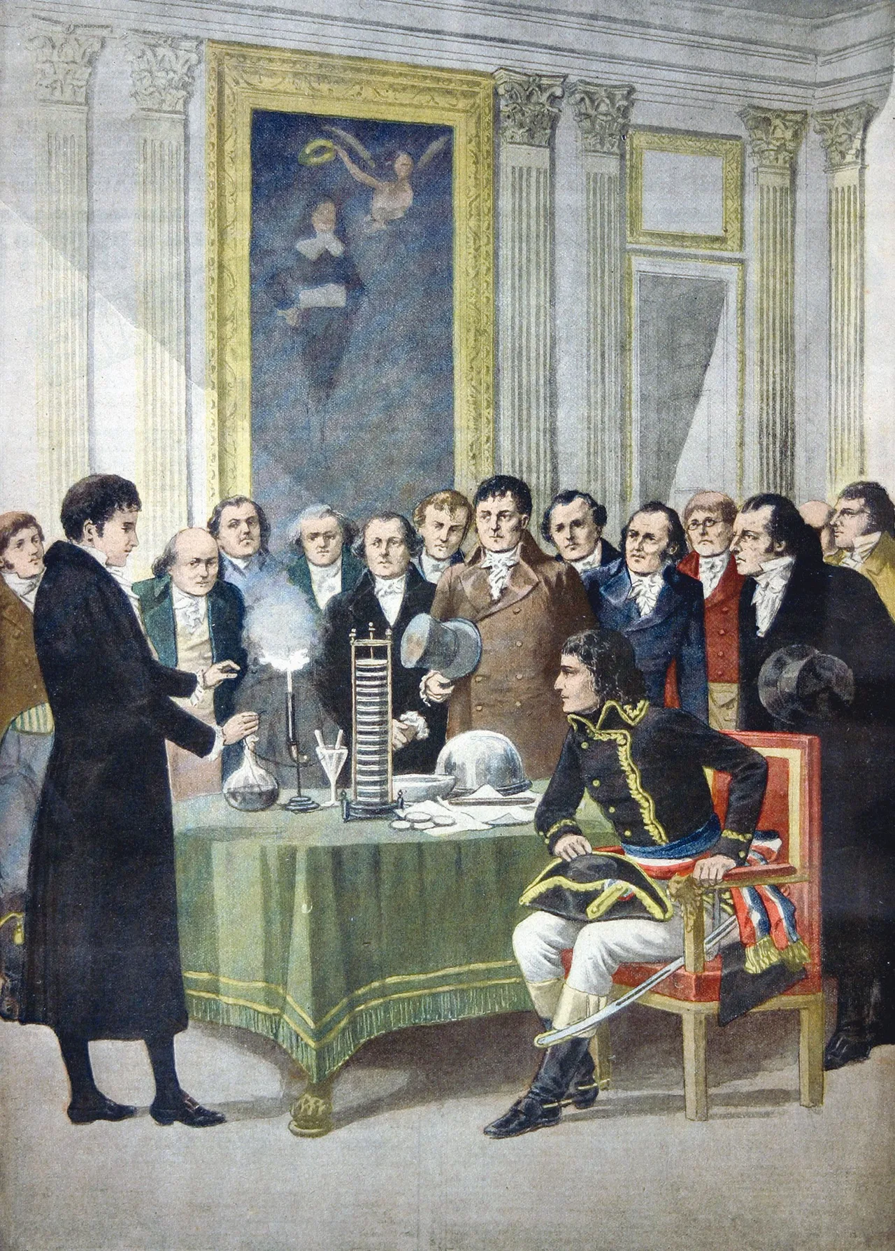 A colour print depicting Volta demonstrating his invention to Napoleon