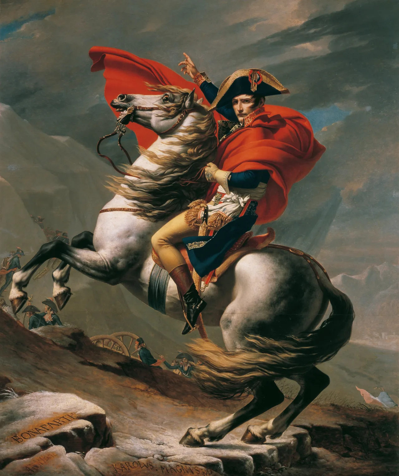 Jacques-Louis David's equestrian portrait of Napoleon at the Great St Bernard Pass, cloak whipped by the wind