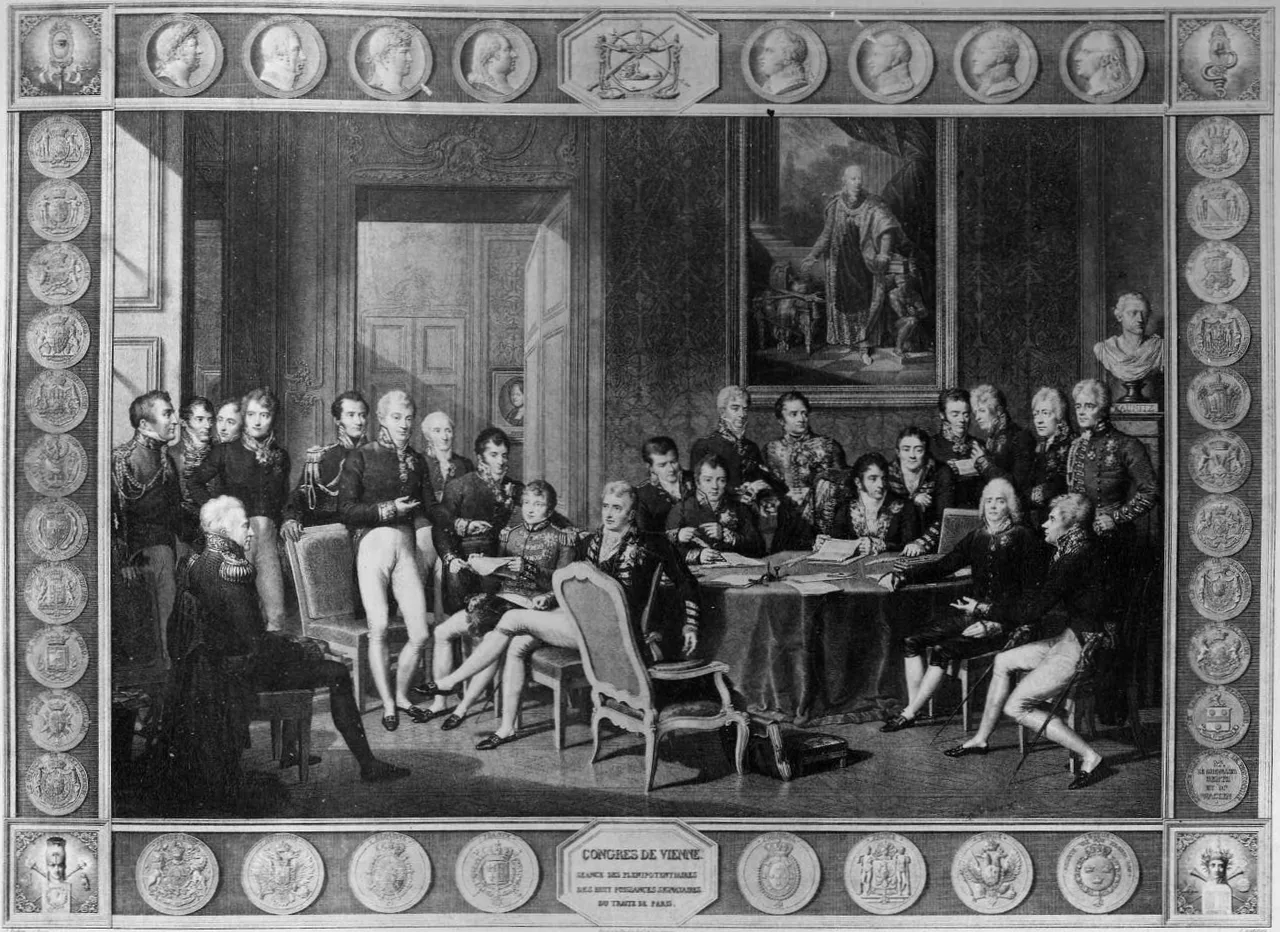 Engraving after Isabey: diplomats of the Congress of Vienna gathered in a great hall around maps and documents
