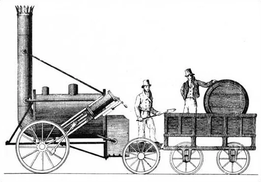 Technical drawing of Stephenson's Rocket locomotive: cylindrical boiler, inclined cylinders, and large driving wheel shown in side view