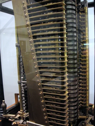 A museum section of the Analytical Engine, built from brass gears and levers