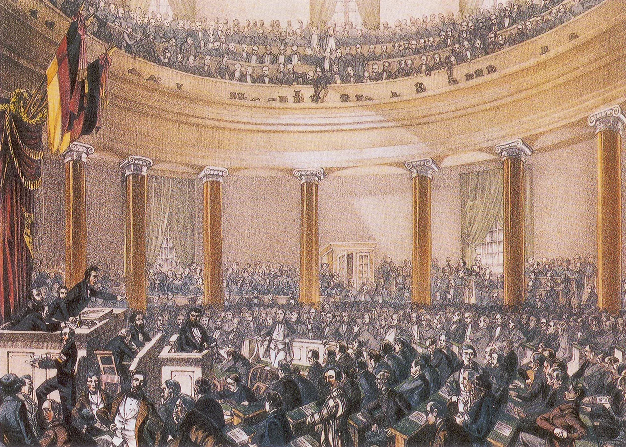 Opening of the Frankfurt National Assembly at the Paulskirche, 18 May 1848 — contemporary lithograph: hundreds of delegates in semicircular seating, spectators in the galleries